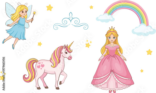 Fairy, Unicorn, and Princess with Rainbow and Magical Elements for Fantasy Art, Kids’ Illustrations, and Magical Designs