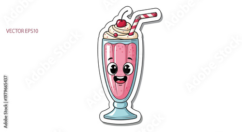 Funny Strawberry Milkshake Cartoon Character with Cherry and Straw