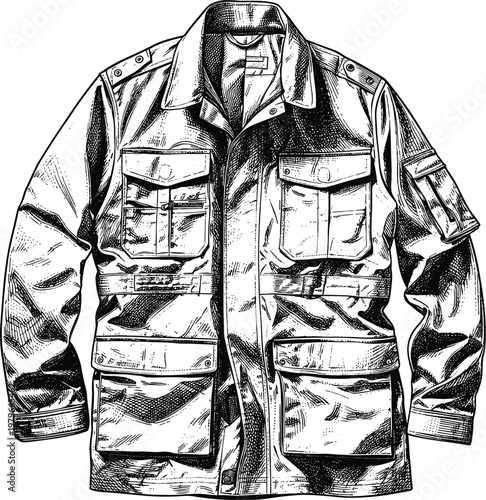 Military field jacket with pockets tactical outdoor apparel engraving.