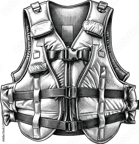 Tactical vest vector illustration with adjustable straps and buckles.