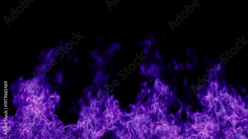 Purple fire wall burning on black background. 3d animation of magic purple fire line. Fantasy purple flames flickering