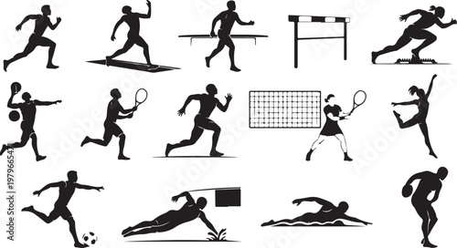 Silhouettes of athletes playing various sports in action poses