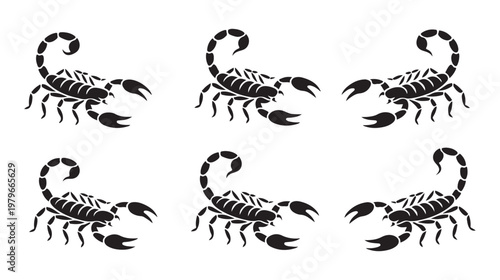 Six detailed black scorpion illustrations in rows, vector art with intricate details.