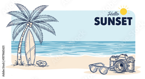 Beach, sunset, palm tree, vector icons, summer vacation, travel