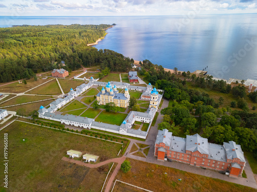 фотографія Aerial view of Konevsky Monastery on Konevets Island, Lake Ladoga