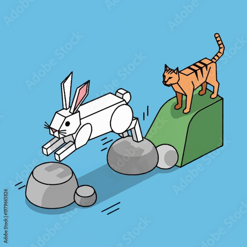 Robot rabbit jumping over obstacles with curious cat.