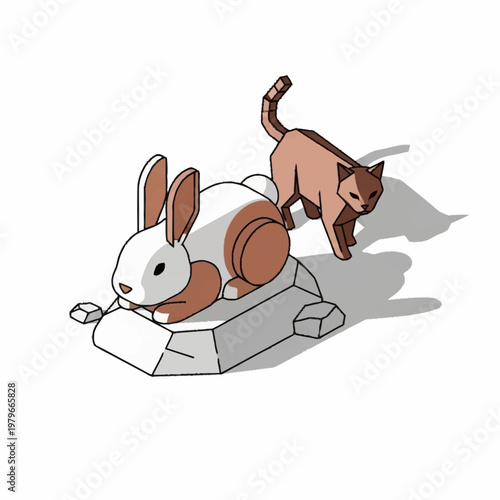 cartoon cat and rabbit sitting on rock.
