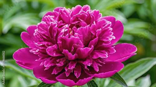 Close-up of a peony flower as it blooms, showcasing the transition from a tight bud to fully opened petals, surrounded by lush green leaves in a natural garden setting