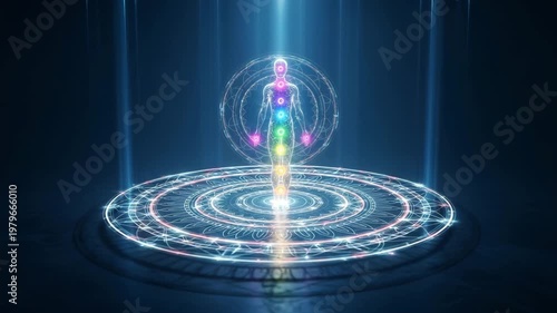 Meditating Figure on Glowing Digital Energy Circular Platform