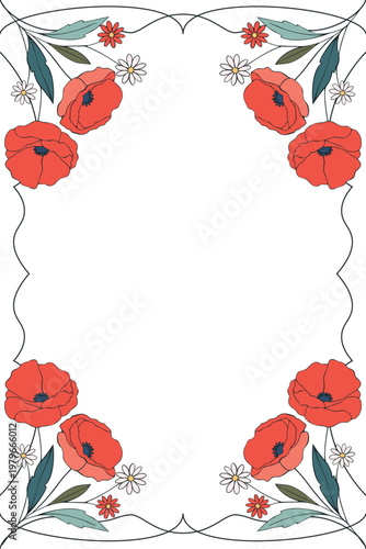 Minimalist Floral Frame with Daisy and Poppy Flowers