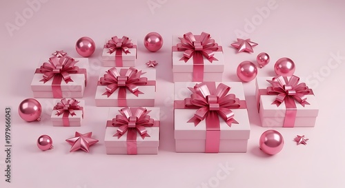 Collection of pink gift boxes with bows and metallic ornaments. jpg