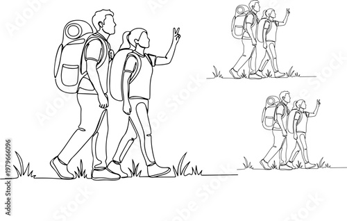 Young couple with large backpacks enjoying a hiking adventure in nature as a single continuous line drawing style illustration isolated on a simple plain white background for travel themes