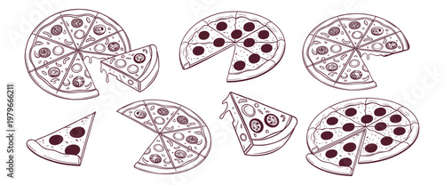 Vintage hand drawn set of whole pizzas and slices in monochrome line art, perfect for pizzeria branding, menus, packaging, posters, patterns and fast food design projects