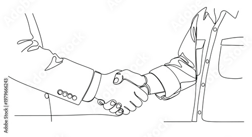 Continuous line drawing of two business people shaking hands, symbolizing agreement, partnership, and successful collaboration in professional setting