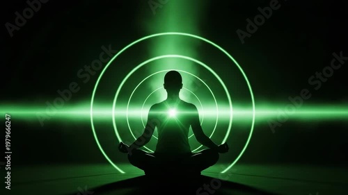 Man Meditating with Green Concentric Energy Circles