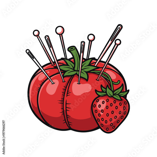 Creative pincushion designed as a tomato with a strawberry beside it