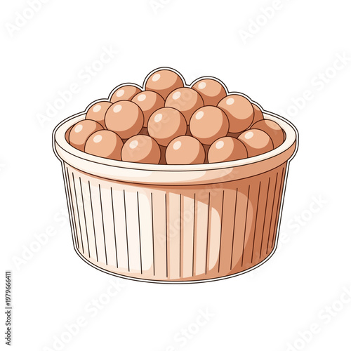 A rustic wooden bucket filled with round brown dough balls ready for baking.