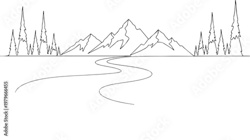Minimalist black and white line art illustration showing a scenic landscape with majestic mountains and tall evergreen pine trees standing along a winding river flowing through a quiet wilderness area