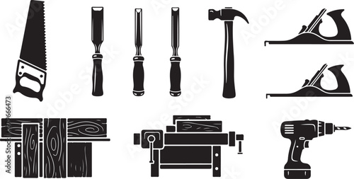 Collection of various carpentry tools and equipment for woodworking projects