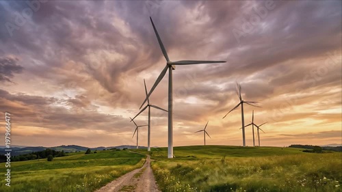 Wind turbines stand tall in a lush green field as they rotate against a vibrant sunset sky, showcasing the beauty of renewable energy in a serene landscape with rolling hills
