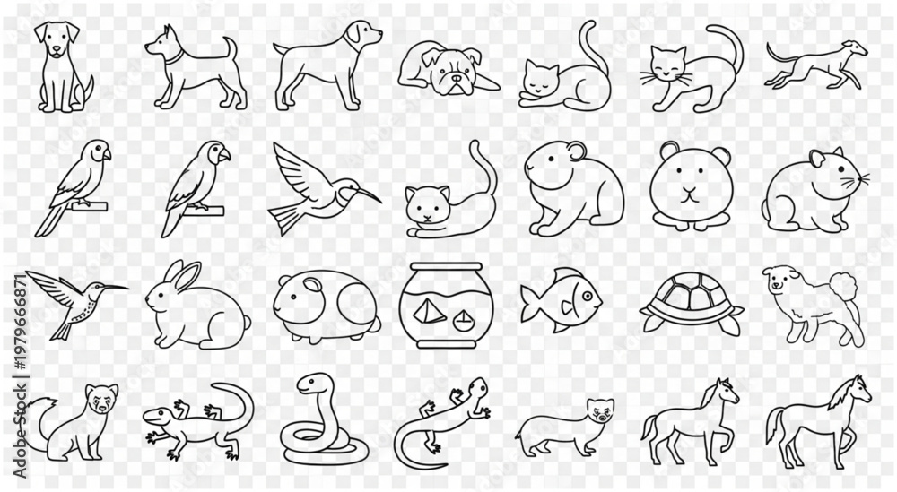 Naklejka premium Collection of various line art illustrations of different animals and pets for design.
