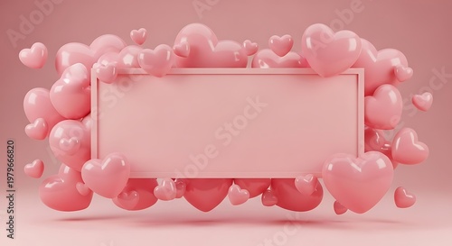 Monochromatic pink horizontal frame mockup surrounded by various sized 3d hearts. jpg