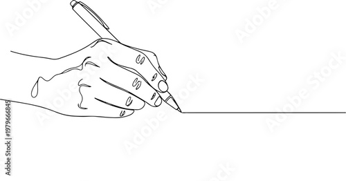 Continuous line art illustration of a human hand holding a pen and actively drawing a single, fluid line across a clean white background, symbolizing creativity and expression.
