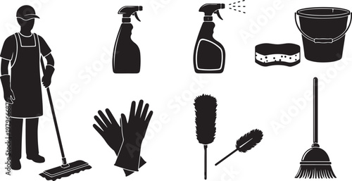 Cleaning Supplies and Janitor Silhouette Vector Graphics Illustration Set