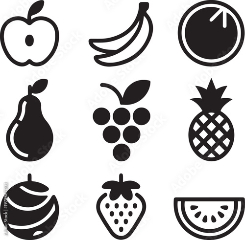 Minimalist Fruit Icon Set Apple Banana Orange Grape Pineapple Pear Strawberry Watermelon Clean Flat Design
