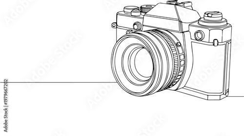 Detailed line art drawing of a vintage professional film camera featuring a large lens element designed for creative photography projects captured in a minimalist artistic style on white background sp
