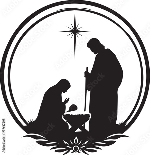 Black silhouette Nativity scene vector illustration with star manger prayer and floral design