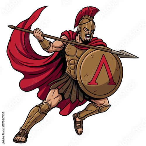 Spartan Warrior in Charging Attack Pose with Spear and Shield