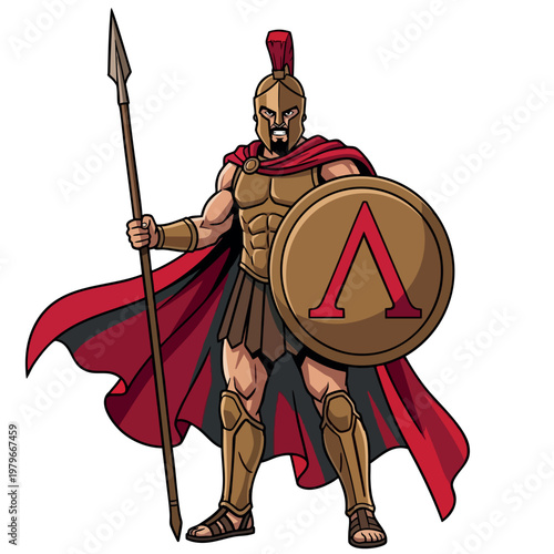 Greek Spartan Soldier Standing with Spear and Lambda Shield
