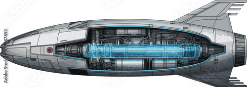 Cutaway view of a futuristic silver spaceship revealing its complex internal engine and glowing blue energy core, showcasing advanced technology