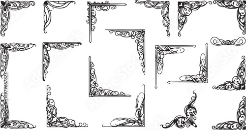 Ornate black and white corner frame design elements pattern