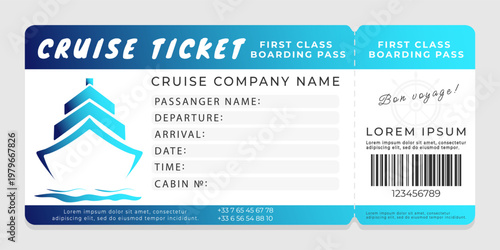 Cruise boarding pass template with ocean liner illustration, gradient elements, blank information fields and text. Vector template for cruise travel