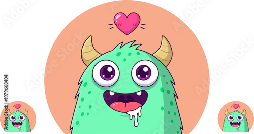 Cute green cartoon monster character with large purple eyes and horns featuring a pink heart symbol above its head expressing feelings of love or happiness in a whimsical digital style