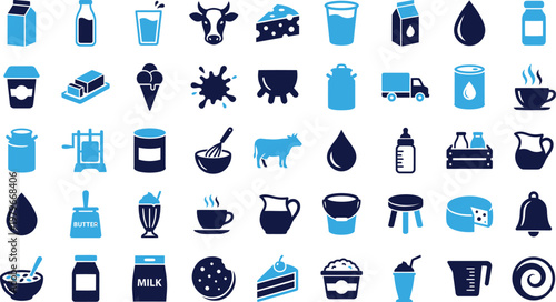 Assortment of dairy icons and symbols for food and drink businesses on white background.