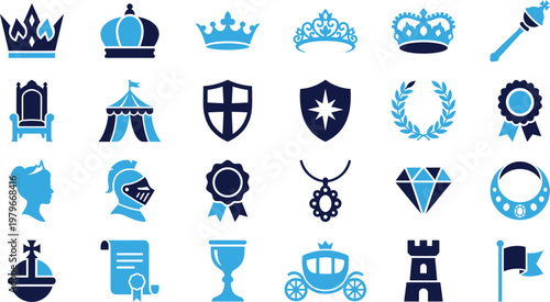 Set of royal crests crowns and emblems for heraldry and prestige on white background.