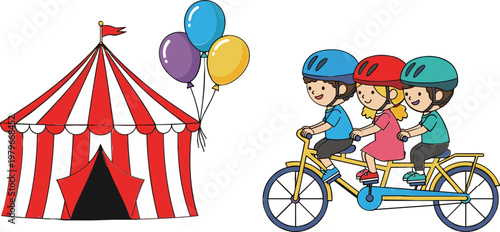 Kids Riding Tandem Bicycle with Balloons and Circus Tent for Fun, Family, and Outdoor Activity Illustrations
