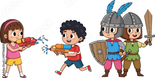 Kids Playing Water Gun Fight with Toy Weapons and Pretend Knight Costumes, Cartoon Children Role Play, Imagination, Fun Activity, Childhood Games Vector Illustration