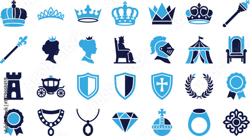 Collection of royal and heraldic symbols, icons, and emblems for design.