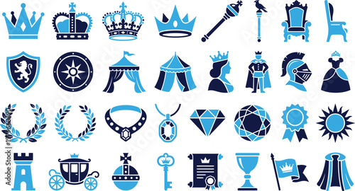Royal and heraldic icons: crowns, thrones, knights, and royal figures.