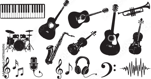 Musical Instruments and Symbols in Black and White Silhouette