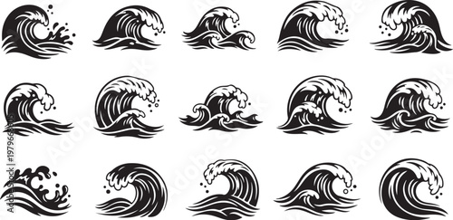 Collection of various wave icons in black and white
