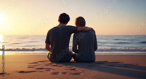 Two friends sitting on beach watching sunset.