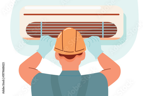 Technician wearing safety helmet and gloves installs air conditioning unit on wall, showing detailed components and ventilation system in a residential setting