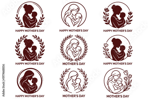 Mother’s Day celebration vector icons depicting tender maternal bonding with infant, rich maroon tones on clean white background, minimalist wreath framing, perfect for greeting cards and digital