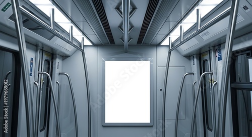 Empty vertical advertising poster frame inside modern subway train carriage with blue lighting. jpg