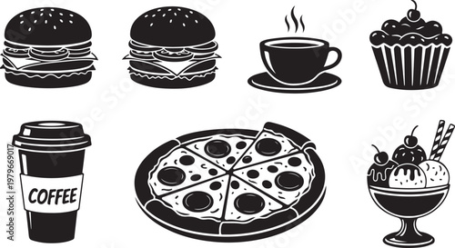 Food and drink icons in black and white illustration